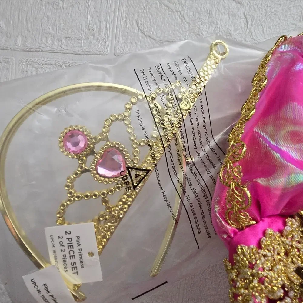 Pink Princess Costume Dress Tiara Gold Sparkled Size M 7/8 Pretend Play Cosplay